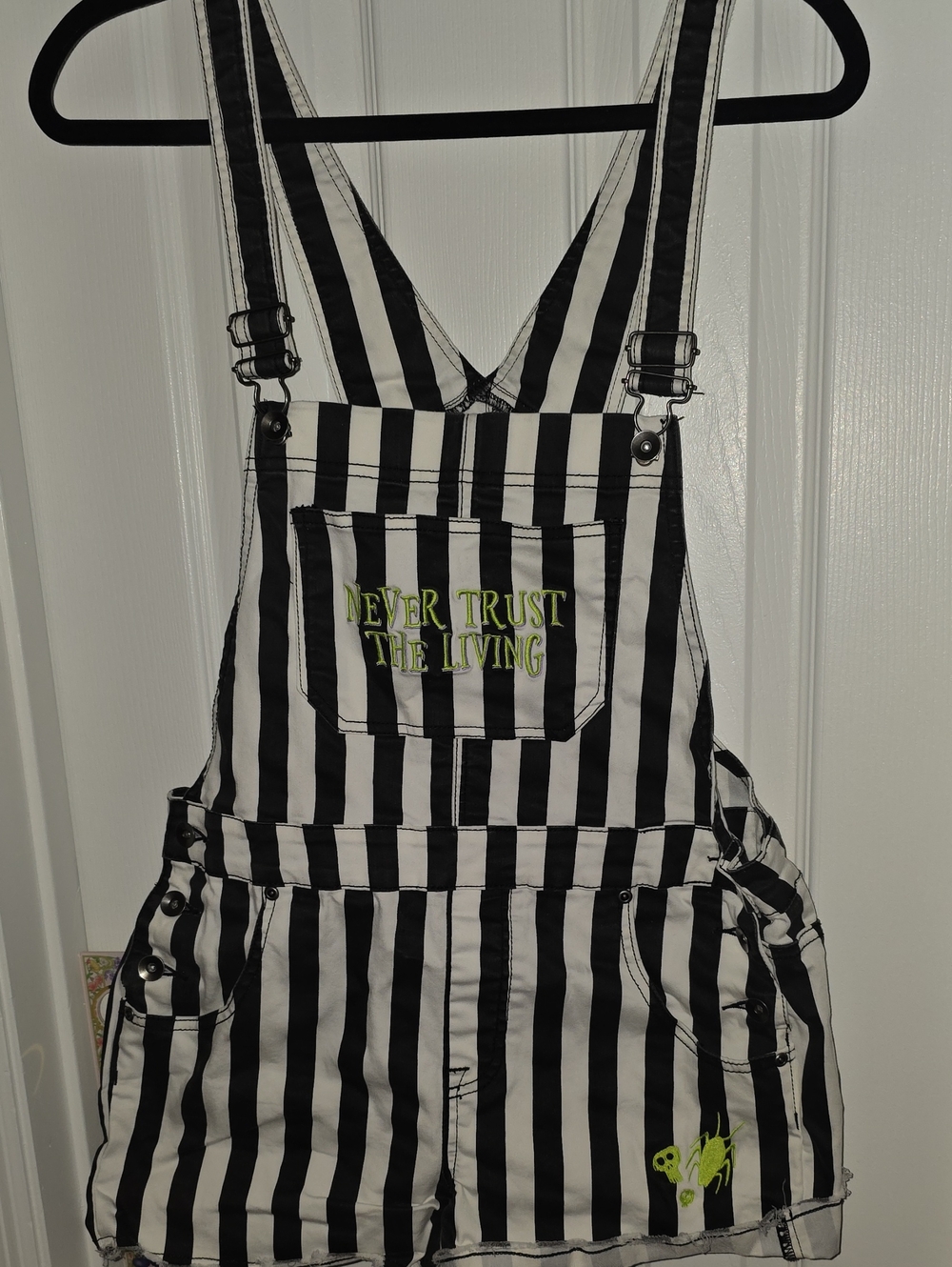 Beetlejuice "NEVER TRUST THE LIVING" Overalls with Neon Green Embroidery